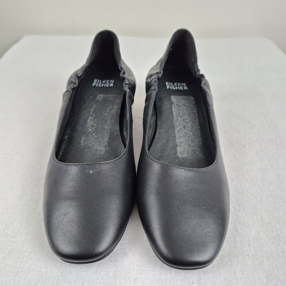 Eileen Fisher Winn Black Nappa Leather Block Heel Pump Sz 6 Classic Capsule